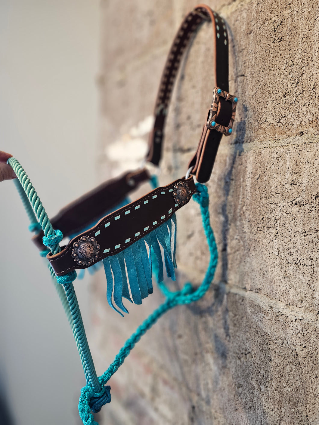 Teal fringe hybrid halter
