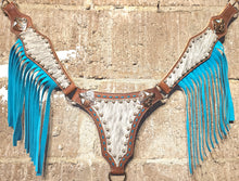 Load image into Gallery viewer, Cowhide and turquoise breastcollar with headstall option.
