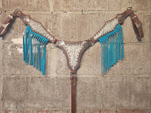 Load image into Gallery viewer, Cowhide and turquoise breastcollar with headstall option.

