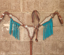 Load image into Gallery viewer, Cowhide and turquoise breastcollar with headstall option.
